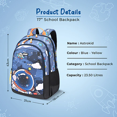 Gear Astro Kid 17"/23.5L Medium Water Resistant School Bag | Casual Backpack | Daypack | Travel Backpack | Kids Bag for Boys/Girls (Blue - Yellow) - Image 3