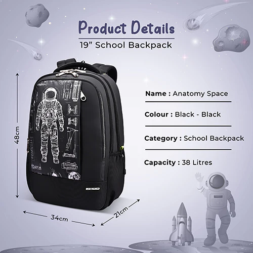 Gear Anatomy Space 19"/38L Large Water Resistant School Bag | Casual Backpack | Daypack | Travel Backpack | Kids Bag for Boys/Girls (Black - Black) - Image 2
