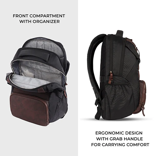 Gear Aspire 3 19"/35L Faux Leather Large Water Resistant Laptop Backpack | Casual Backpack | Daypack | Travel Backpack | College Bag For Men/Women(Brown-Black) - Image 5