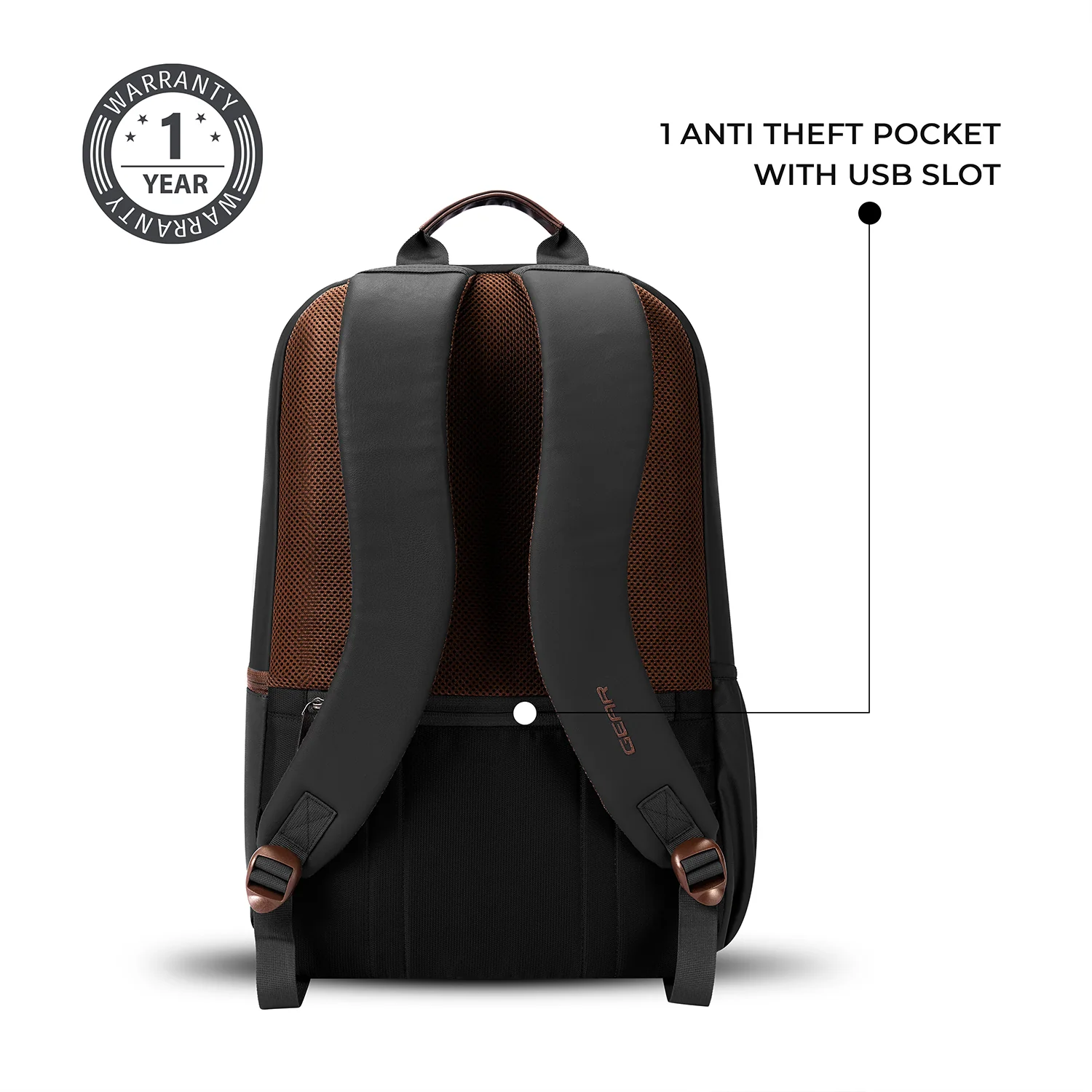 Gear Classic 4 19"/31L Anti Theft Faux Leather Medium Water Resistant Laptop Backpack/Casual Backpack/Daypack/Travel Backpack/College Bag For Men/Women(Black-Brown) - Image 8