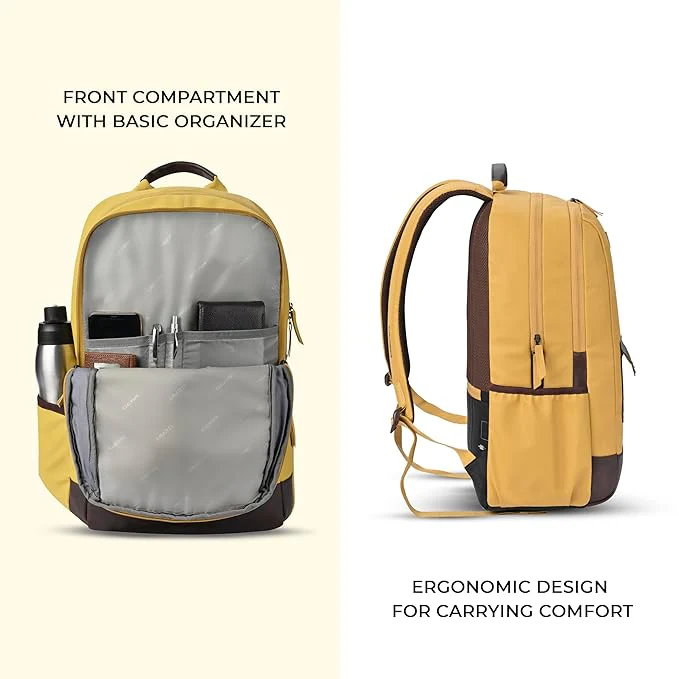 Gear Classic 2 19"/31L Anti Theft Faux leather Large Water Resistant Laptop Backpack/Casual Backpack/Daypack/Travel Backpack/College Bag For Men/Women (Yellow - Brown) - Image 4