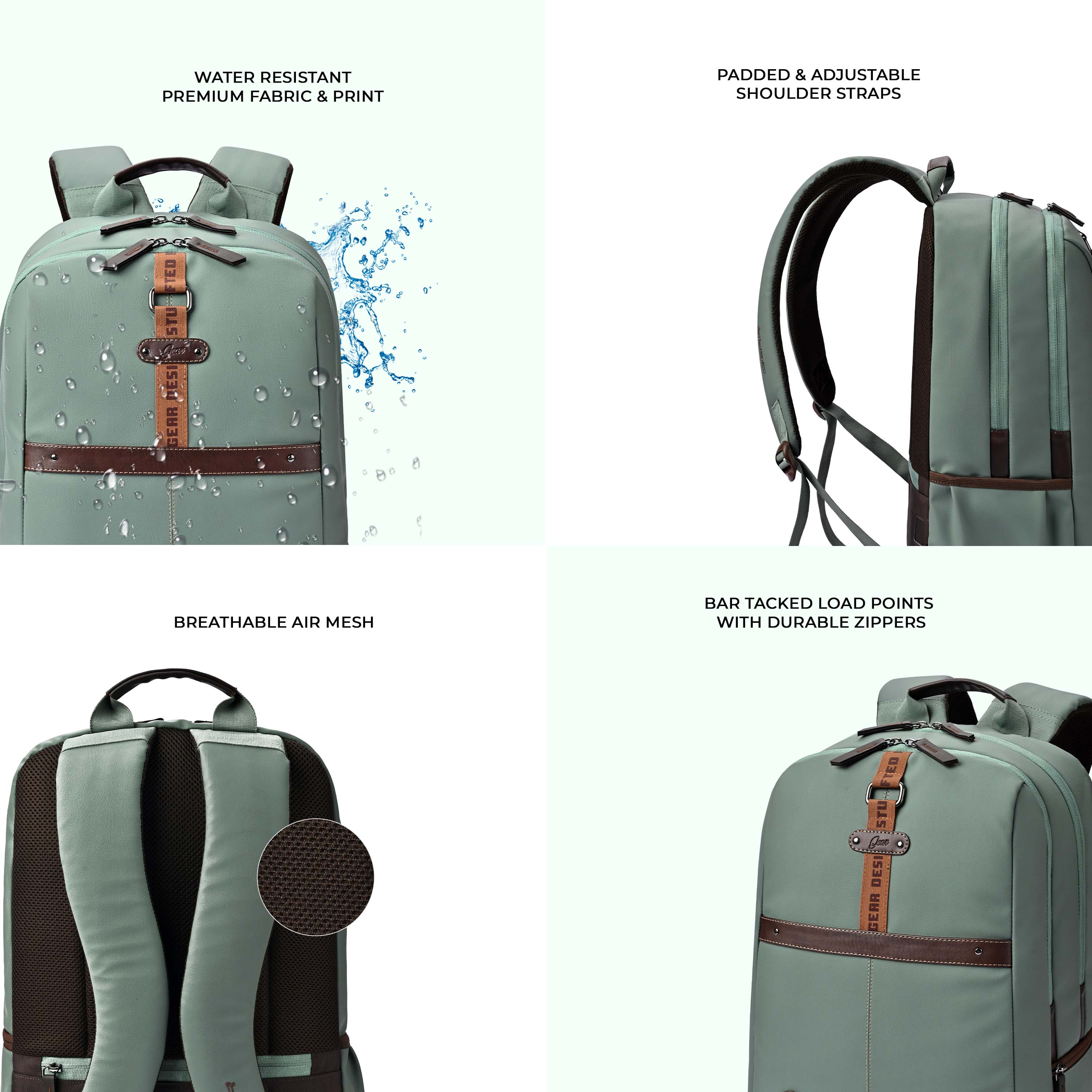 Gear Classic 4 19"/31L anti theft faux leather Medium Water Resistant Laptop Backpack/Casual Backpack/Daypack/Travel Backpack/College Bag For Men/Women(Pista Green - Brown) - Image 5