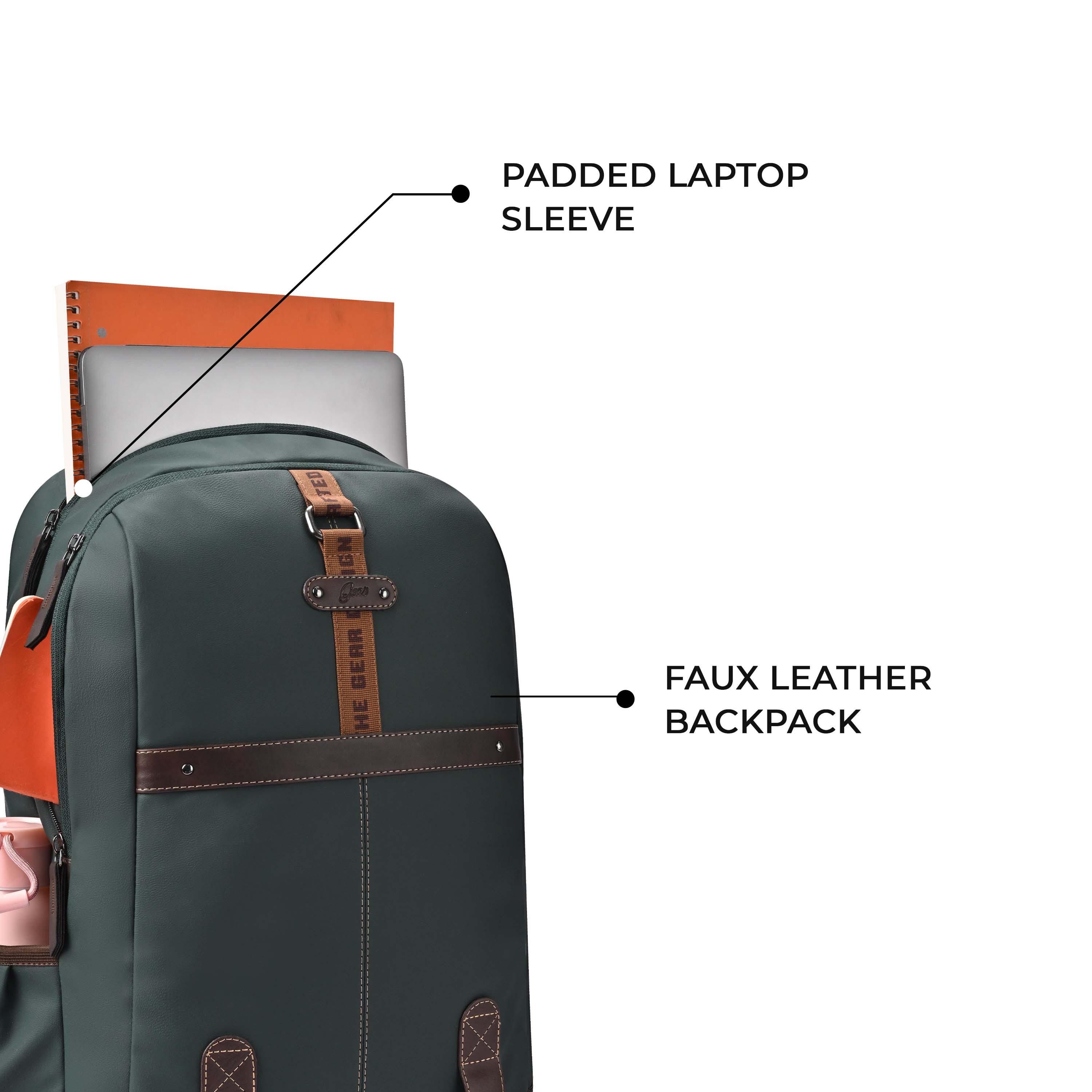 Gear Classic 4 19"/31L anti theft faux leather Medium Water Resistant Laptop Backpack/Casual Backpack/Daypack/Travel Backpack/College Bag For Men/Women(Green - Brown) - Image 5