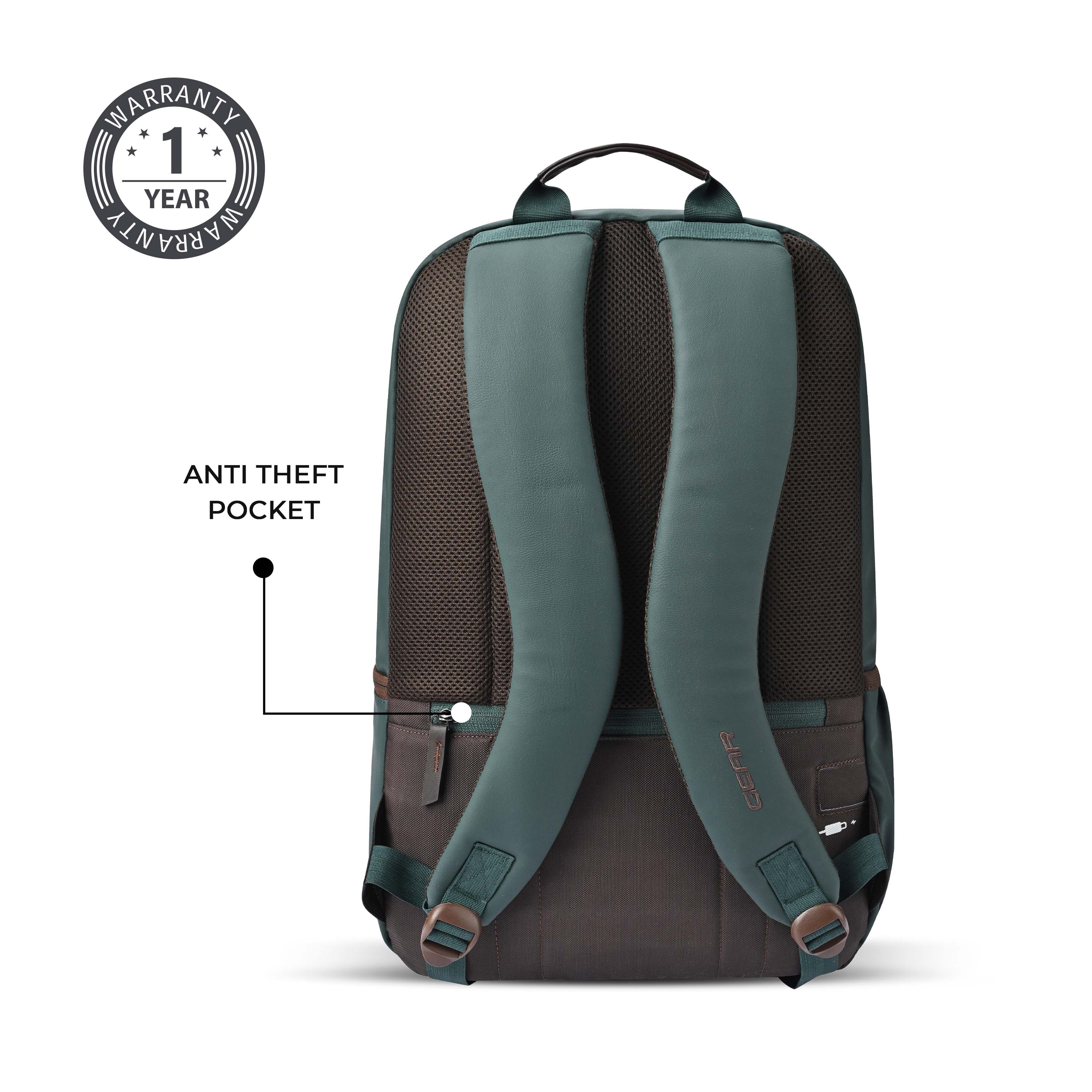 Gear Classic 4 19"/31L anti theft faux leather Medium Water Resistant Laptop Backpack/Casual Backpack/Daypack/Travel Backpack/College Bag For Men/Women(Green - Brown) - Image 8