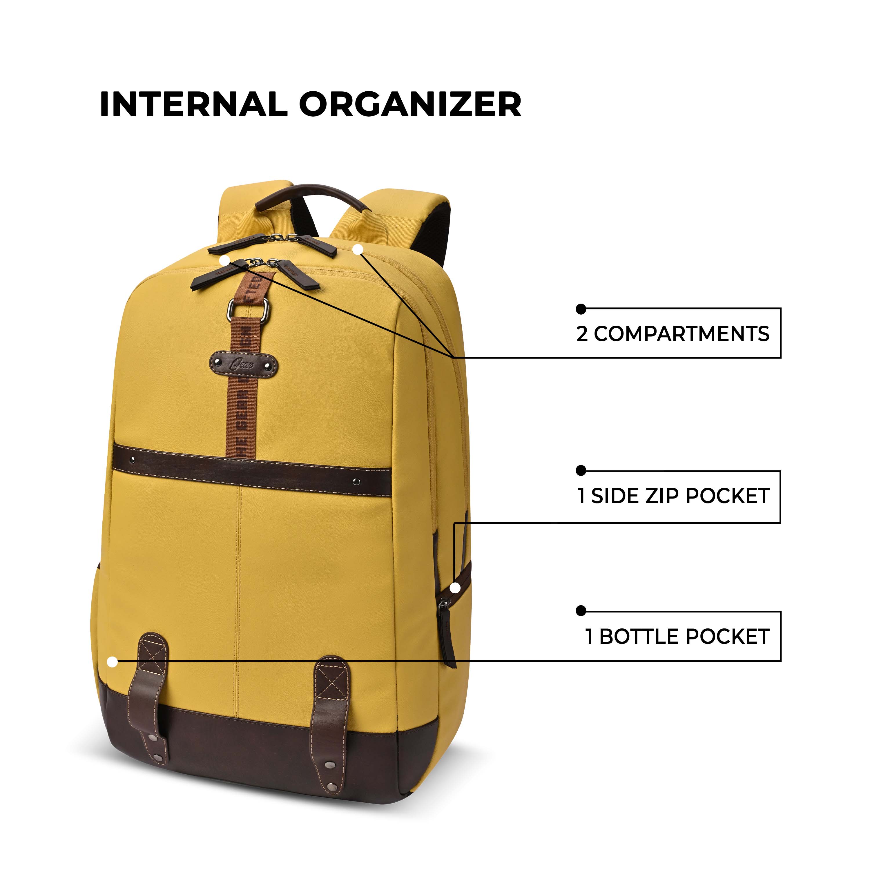 Gear Classic 4 19"/31L anti theft faux leather Medium Water Resistant Laptop Backpack/Casual Backpack/Daypack/Travel Backpack/College Bag For Men/Women(Yellow - Brown) - Image 3