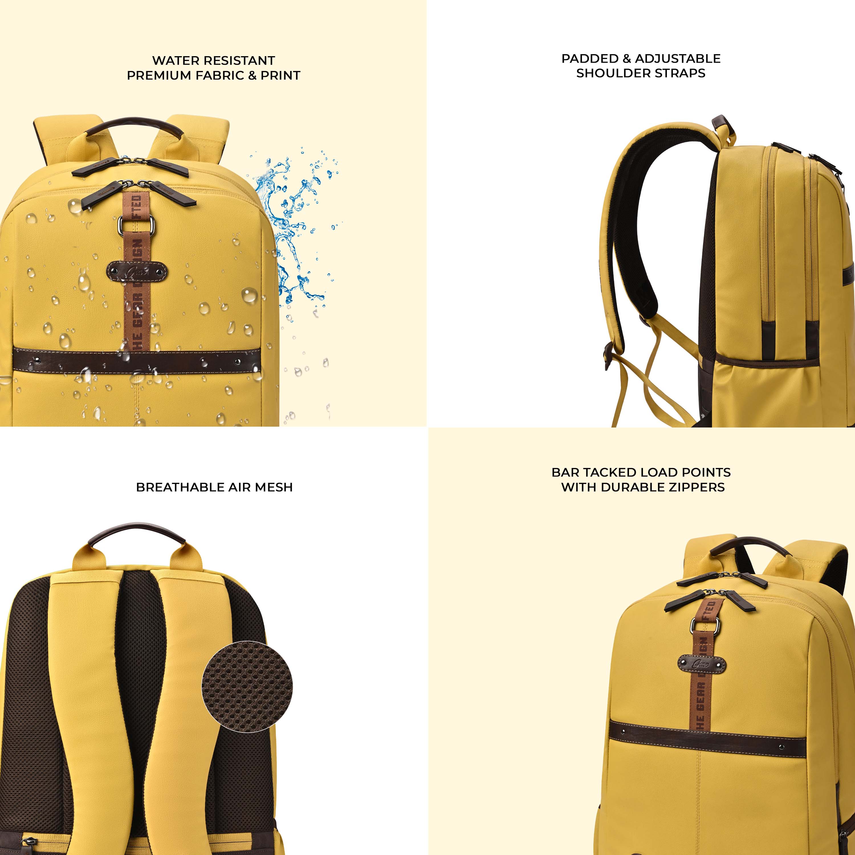Gear Classic 4 19"/31L anti theft faux leather Medium Water Resistant Laptop Backpack/Casual Backpack/Daypack/Travel Backpack/College Bag For Men/Women(Yellow - Brown) - Image 6