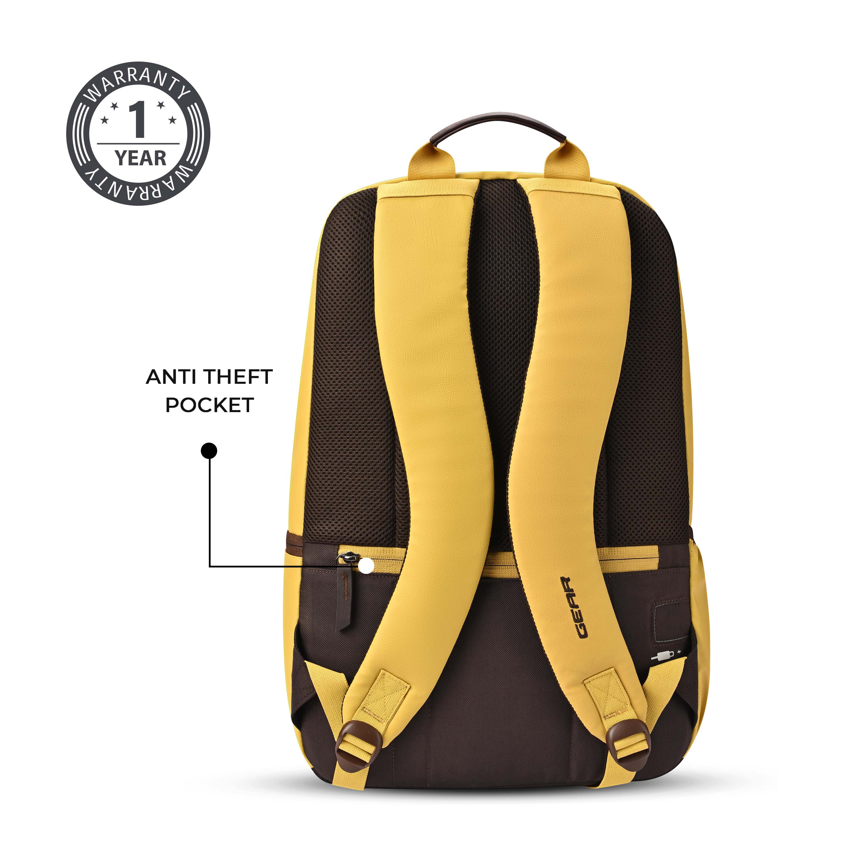 Gear Classic 4 19"/31L anti theft faux leather Medium Water Resistant Laptop Backpack/Casual Backpack/Daypack/Travel Backpack/College Bag For Men/Women(Yellow - Brown) - Image 8