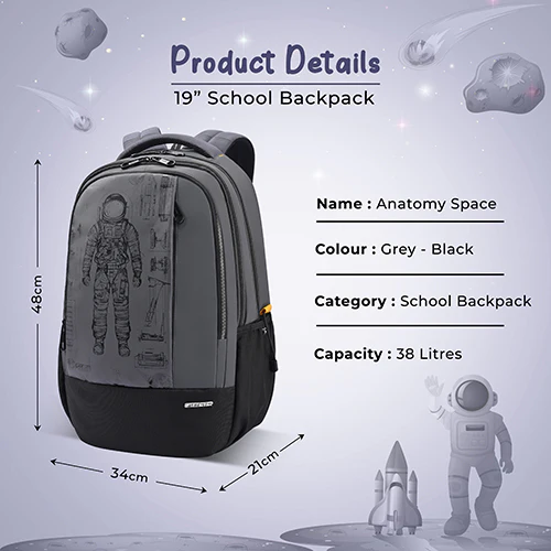 Gear Anatomy Space 19"/38L Large Water Resistant School Bag | Casual Backpack | Daypack | Travel Backpack | Kids Bag for Boys/Girls (Grey - Black) - Image 2