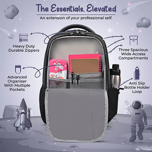 Gear Anatomy Space 19"/38L Large Water Resistant School Bag | Casual Backpack | Daypack | Travel Backpack | Kids Bag for Boys/Girls (Grey - Black) - Image 5