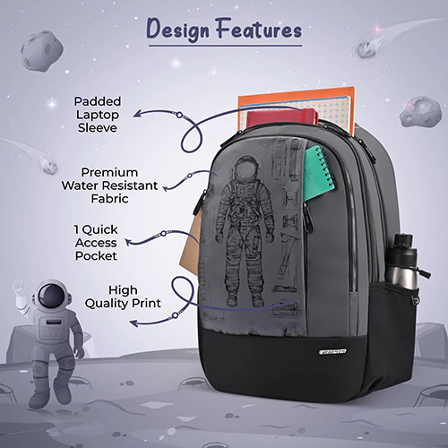 Gear Anatomy Space 19"/38L Large Water Resistant School Bag | Casual Backpack | Daypack | Travel Backpack | Kids Bag for Boys/Girls (Grey - Black) - Image 6
