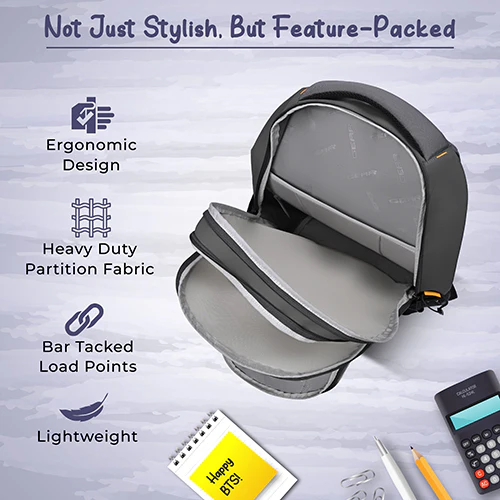 Gear Anatomy Space 19"/38L Large Water Resistant School Bag | Casual Backpack | Daypack | Travel Backpack | Kids Bag for Boys/Girls (Grey - Black) - Image 7