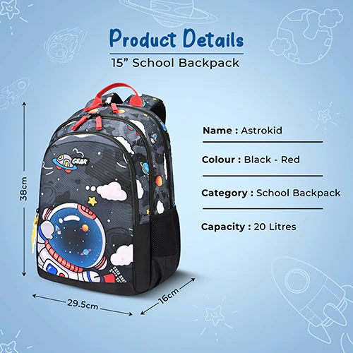 Gear Astro Kid 15"/20L Small Water Resistant School Bag | Casual Backpack | Daypack | Travel Backpack | Kids Bag for Boys/Girls (Black - Red) - Image 2
