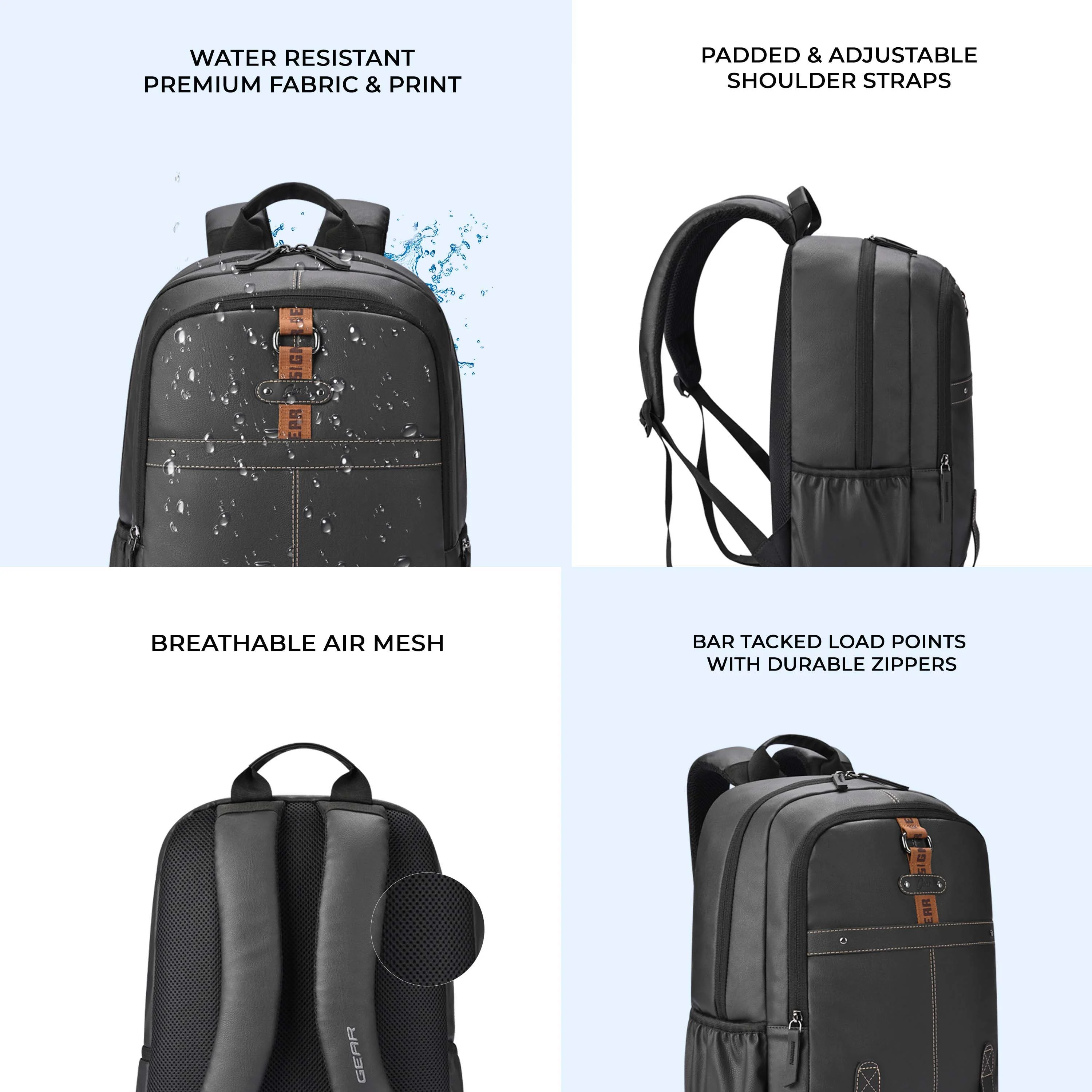 Gear Classic 4 Faux Leather (Without Anti Theft) 16"/20L Medium Water Resistant Laptop Backpack/Casual Backpack/Daypack/Travel Backpack/College Bag For Men/Women(Black - Black) - Image 6