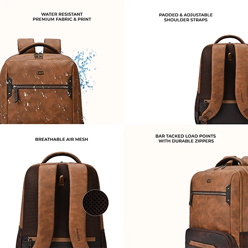 Gear Quantum 3 18"/29L Antitheft Large Faux Leather Water Resistant Laptop backpack with Raincover/Laptop backpack/Casual Backpack/Daypack/Travel Backpack/College Bag For Men/Women(Tan-Brown) - Image 6