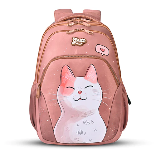 Gear Cutie Cat 17"/27L Large Water Resistant School Bag | Casual Backpack | Daypack | Travel Backpack | Kids Bag for Boys/Girls (Brown - Pink)