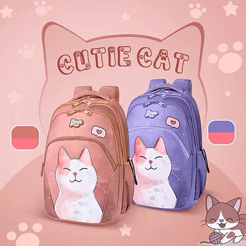 Gear Cutie Cat 17"/27L Large Water Resistant School Bag | Casual Backpack | Daypack | Travel Backpack | Kids Bag for Boys/Girls (Brown - Pink) - Image 3