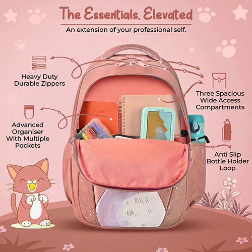 Gear Cutie Cat 17"/27L Large Water Resistant School Bag | Casual Backpack | Daypack | Travel Backpack | Kids Bag for Boys/Girls (Brown - Pink) - Image 5