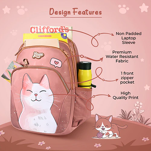 Gear Cutie Cat 17"/27L Large Water Resistant School Bag | Casual Backpack | Daypack | Travel Backpack | Kids Bag for Boys/Girls (Brown - Pink) - Image 6