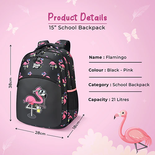 Gear Flamingo 15"/21L Medium Water Resistant School Bag | Casual Backpack | Daypack | Travel Backpack | Kids Bag for Boys/Girls (Black - Pink) - Image 3