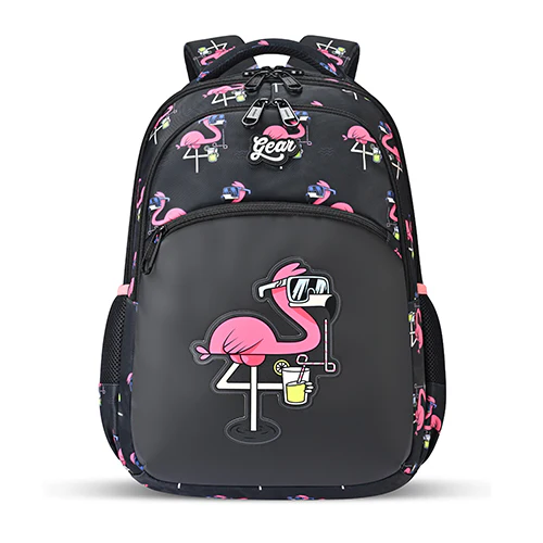 Gear Flamingo 17"/27L Large Water Resistant School Bag | Casual Backpack | Daypack | Travel Backpack | Kids Bag for Boys/Girls (Black - Pink)