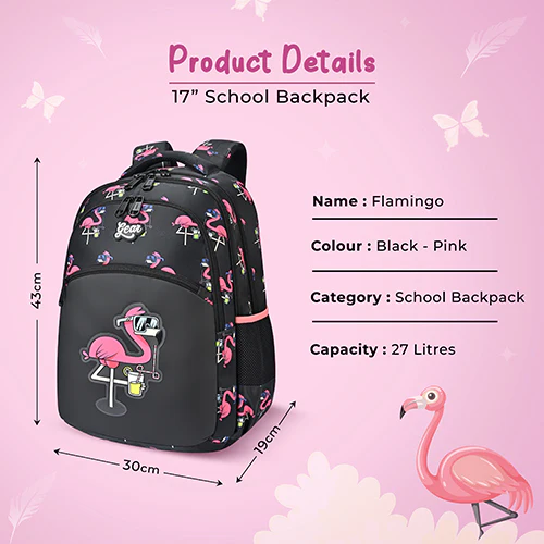 Gear Flamingo 17"/27L Large Water Resistant School Bag | Casual Backpack | Daypack | Travel Backpack | Kids Bag for Boys/Girls (Black - Pink) - Image 3