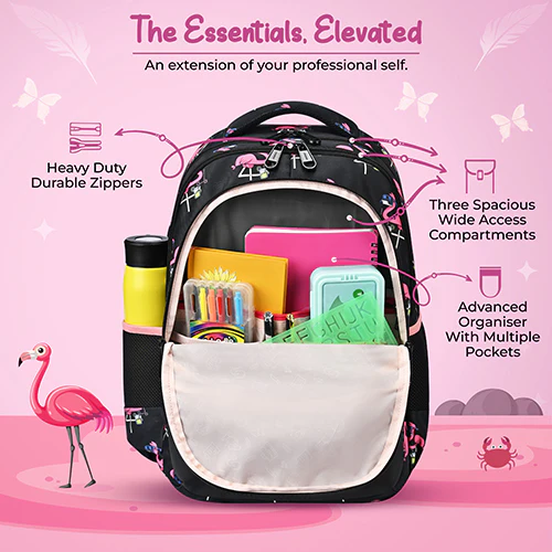 Gear Flamingo 17"/27L Large Water Resistant School Bag | Casual Backpack | Daypack | Travel Backpack | Kids Bag for Boys/Girls (Black - Pink) - Image 6