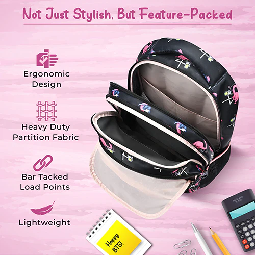 Gear Flamingo 17"/27L Large Water Resistant School Bag | Casual Backpack | Daypack | Travel Backpack | Kids Bag for Boys/Girls (Black - Pink) - Image 8