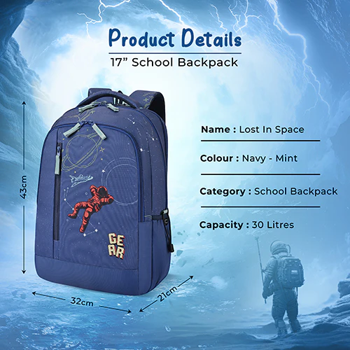 Gear Lost In Space 17"/30L Large Water Resistant School Bag | Casual Backpack | Daypack | Travel Backpack | Kids Bag for Boys/Girls (Navy - Mint) - Image 3