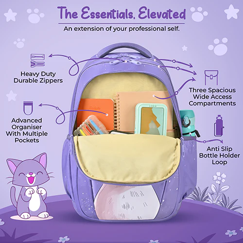 Gear Cutie Cat 17"/27L Large Water Resistant School Bag | Casual Backpack | Daypack | Travel Backpack | Kids Bag for Boys/Girls (Lavender - Pink) - Image 5