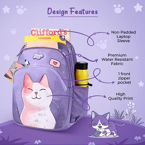 Gear Cutie Cat 17"/27L Large Water Resistant School Bag | Casual Backpack | Daypack | Travel Backpack | Kids Bag for Boys/Girls (Lavender - Pink) - Image 6