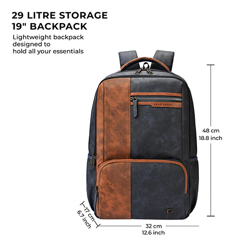 Gear Vintage 4 19"/29L anti theft faux leather Medium Water Resistant Laptop Backpack/Casual Backpack/Daypack/Travel Backpack/College Bag For Men/Women(Blue-Tan) - Image 3