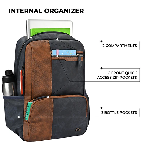 Gear Vintage 4 19"/29L anti theft faux leather Medium Water Resistant Laptop Backpack/Casual Backpack/Daypack/Travel Backpack/College Bag For Men/Women(Blue-Tan) - Image 4