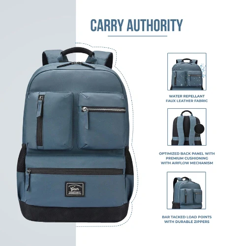 Gear Vintage Boxy 18"/26L Medium Faux Leather Water Resistant Laptop Backpack/Casual Bag/Daypack/College Backpack/Travel Backpack For Men/Women (Blue - Black) - Image 4