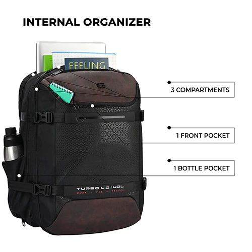 Gear Turbo 4 19"/40L Anti Theft Large Water Resistant Laptop Backpack with Raincover/Casual Backpack/Daypack/Travel Backpack/College Bag For Men/Women(Black-Brown) - Image 4