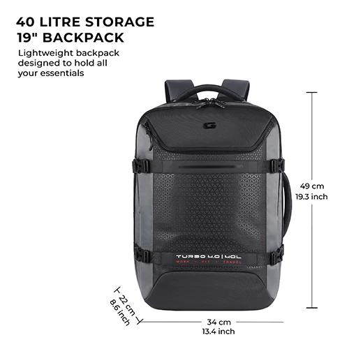Gear Turbo 4 19"/40L Anti Theft Large Water Resistant Laptop Backpack with Raincover/Casual Backpack/Daypack/Travel Backpack/College Bag For Men/Women(Grey-Black) - Image 4
