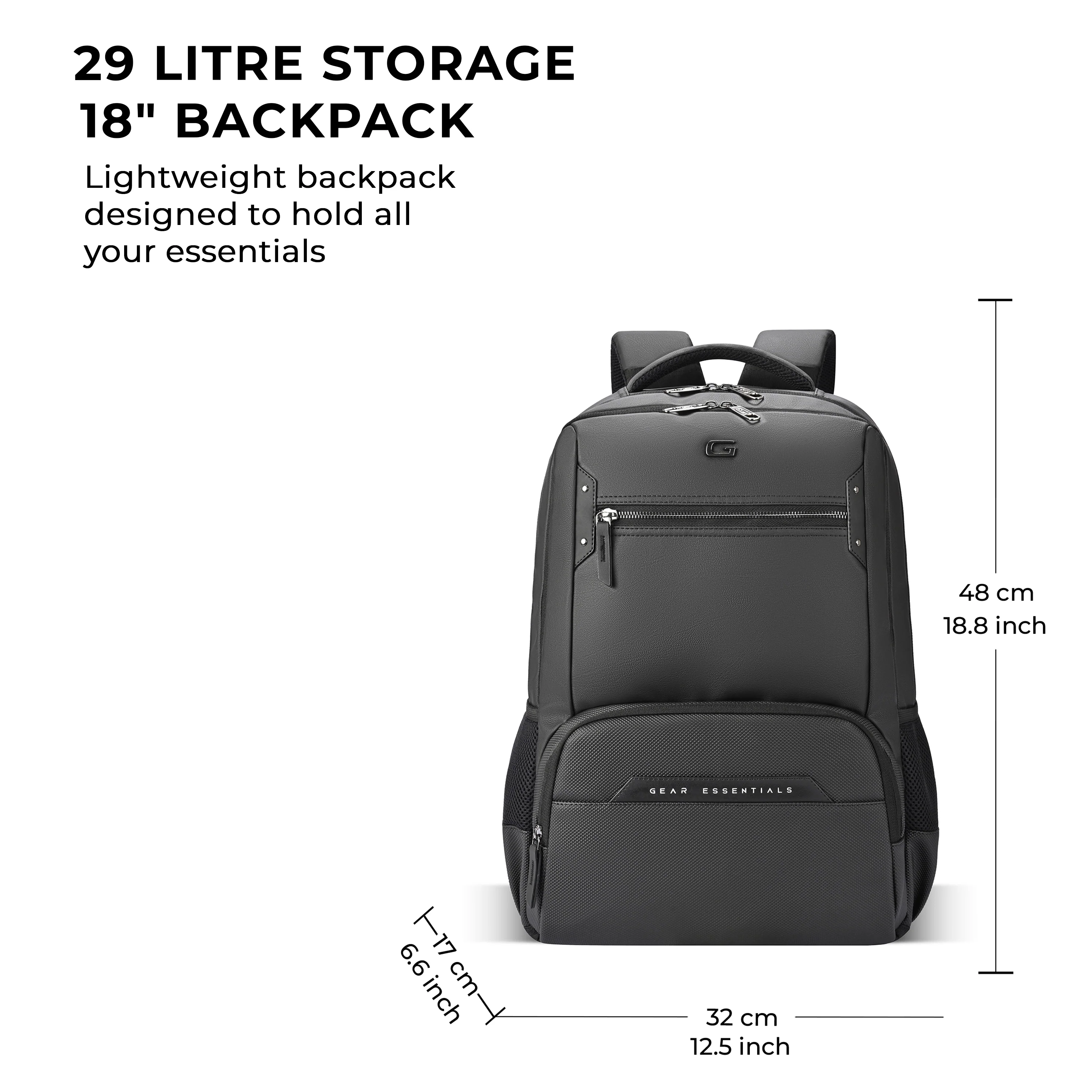 Gear Quantum 3 18"/29L Antitheft Large Faux Leather Water Resistant Laptop backpack with Raincover/Laptop backpack/Casual Backpack/Daypack/Travel Backpack/College Bag For Men/Women(Black-Black) - Image 4