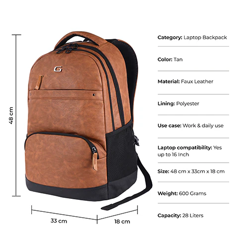Gear Vintage 2 18"/28L Large Anti Theft Faux Leather Water Resitant Laptop Backpack/Office Bag/ Casual Bag/Travel Backpack for Men/Women (Tan - Black) - Image 3