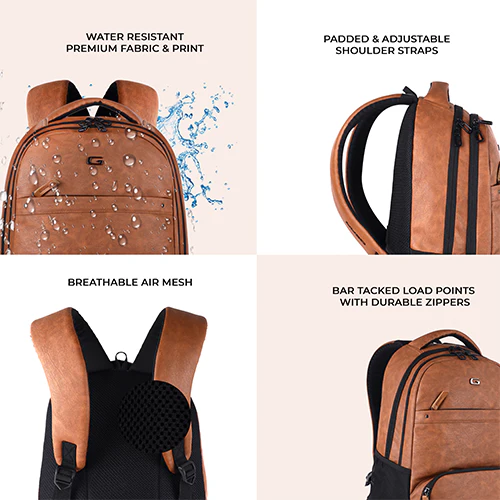 Gear Vintage 2 18"/28L Large Anti Theft Faux Leather Water Resitant Laptop Backpack/Office Bag/ Casual Bag/Travel Backpack for Men/Women (Tan - Black) - Image 6
