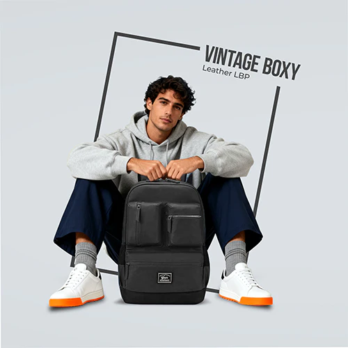Gear Vintage Boxy 18"/26L Medium Faux Leather Water Resistant Laptop Backpack/Casual Bag/Daypack/College Backpack/Travel Backpack For Men/Women (Black - Black) - Image 2